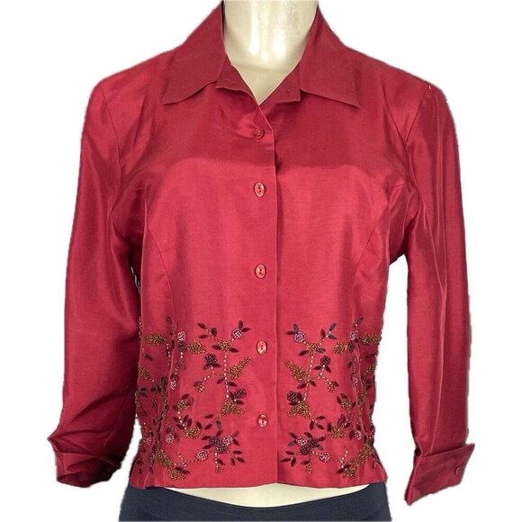 Ice 4 Red Silk Beaded Floral Button Down Front Lined Collar 3/4 Sleeve Blouse - Picture 2 of 6